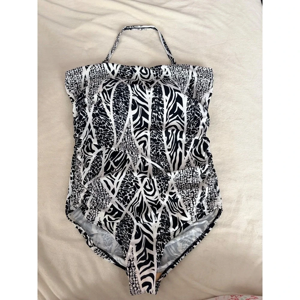 Ceeb Womens Size 14 One‎ Piece Swimsuit Black White Animal Zebra Print Ruched